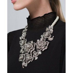 White House Black Market WHBM Faux Pearl Rose Statement Necklace Floral Flower